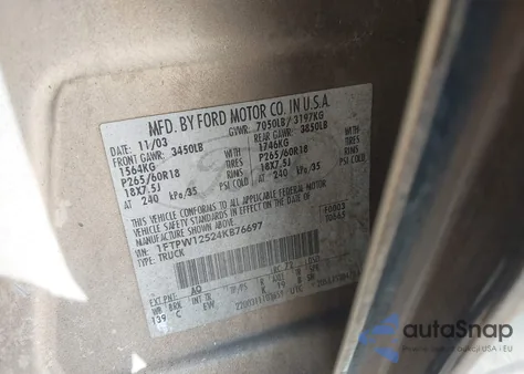 2004 Ford F-150 Lariat/Xlt из США, поврежденный, VIN 1FTPW12524KB76697